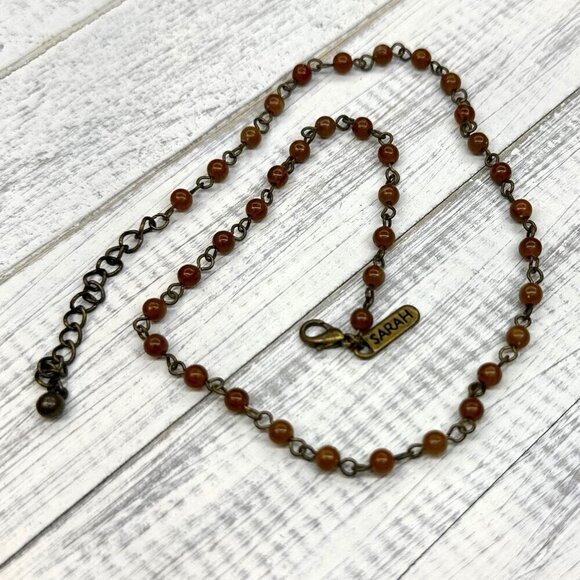 SARAH Beaded Choker Necklace Brown Antique Gold Tone Adjustable Length - Picture 3 of 4